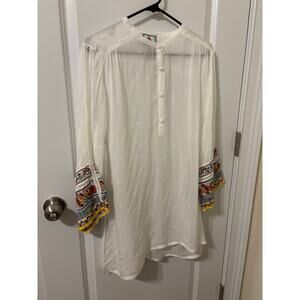 Johnny Was Sz L white eyelet tunic blouse embroidered sleeves EUC